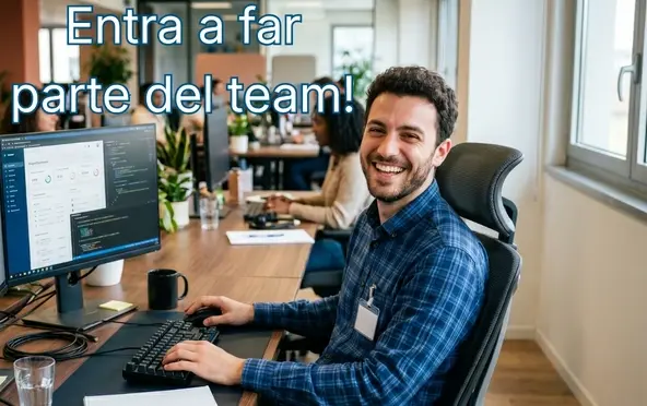 Un giovane professionista sorridente nel moderno ufficio tecnico di Italiana Ricambi. L'immagine contiene il testo: Entra a far parte del team!